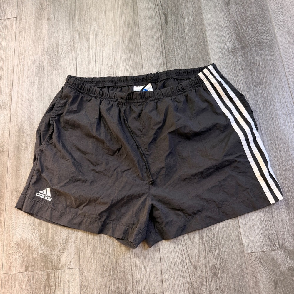 Adidas Shorts Mens M Black Nylon 3 Stripe White Logo Drawstring Athletic Vintage